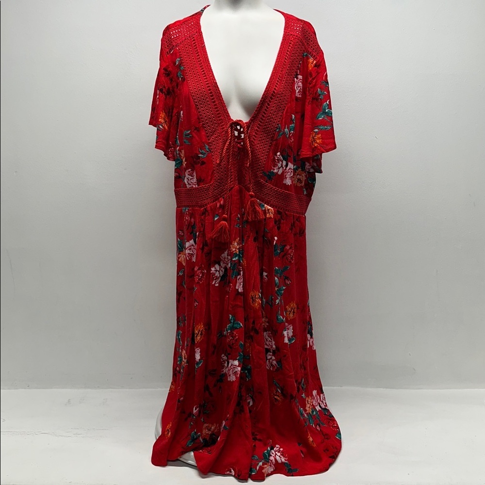 Torrid Dress Short Sleeve Mini Gauze Lace Up Skater Floral Red Plus Size 2X - Picture 2 of 11